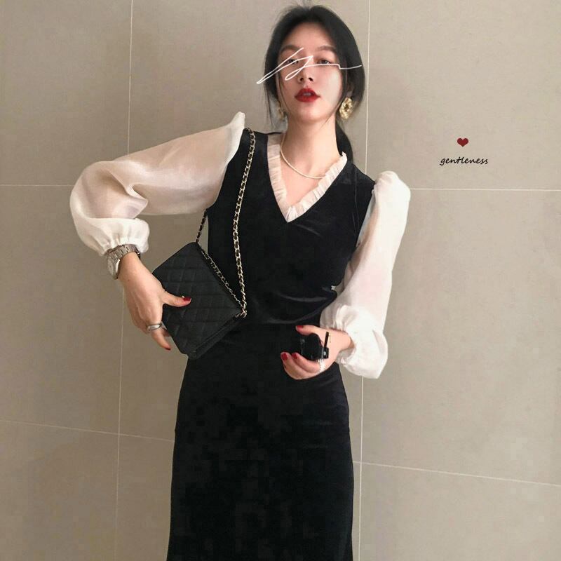 ドレス スタンダードゴールドベルベットレースミディスカート オータムウィンター ロング レトロ 秋物 冬物 ステッチ ブラックストロベリース5684672000