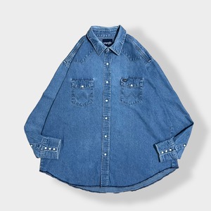 【Wrangler】ウエスタンデニムシャツ デニムシャツ ウエスタンシャツ ショルダーヨーク フラップポケット XL相当 ビッグシルエット ラングラー 胸パッチ us古着