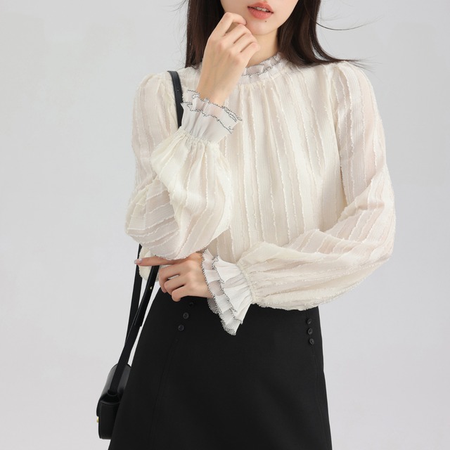 フリルカフスハイネックシャーリングブラウス 00178