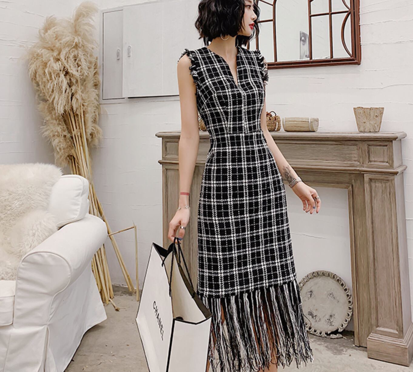 ロングフリンジデザインチェックツイードワンピース Nite Nite