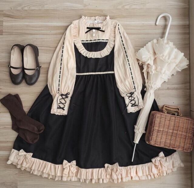 サブカル 服 地雷系 通販 ゴスロリ ロリータワンピ 袖コン ネックギャザー 可愛い レース 裾リボン フレアースカート ハイウエスト メイド服 耽美