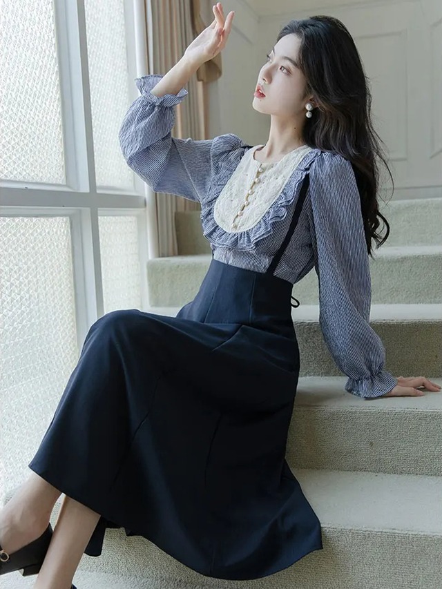 【0222】Elegant Skirt Stripes Long Sleeve 2 Piece Set
