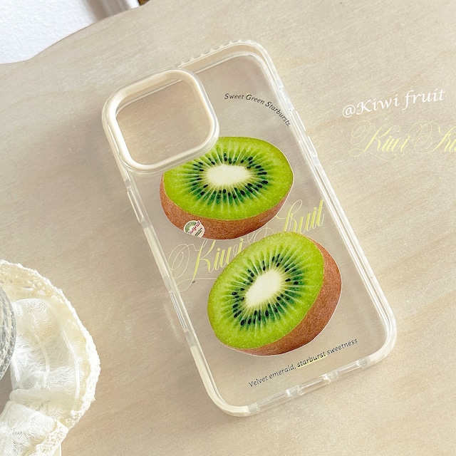 【iPhone16-11まで対応】爽やかすぎる◎キウイフルーツ クリアケース お洒落 ホワイトフレーム 韓国 透明グリーンキウイ スマホケース ND-16331