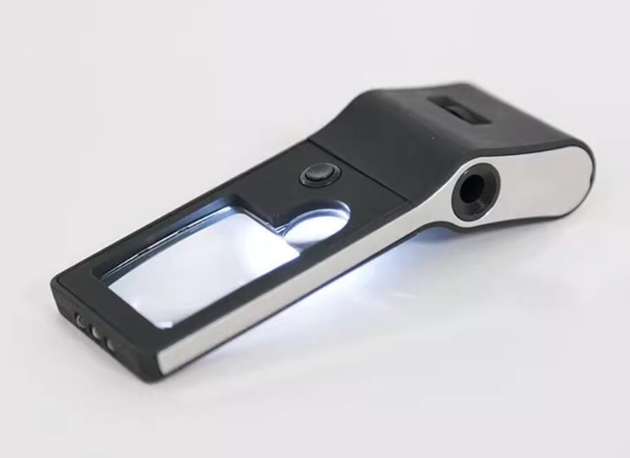 ◆ドイツ製多機能拡大鏡 5機能 専用電池式 高精細ライト付き 55倍 紙幣鑑定用簡易顕微鏡