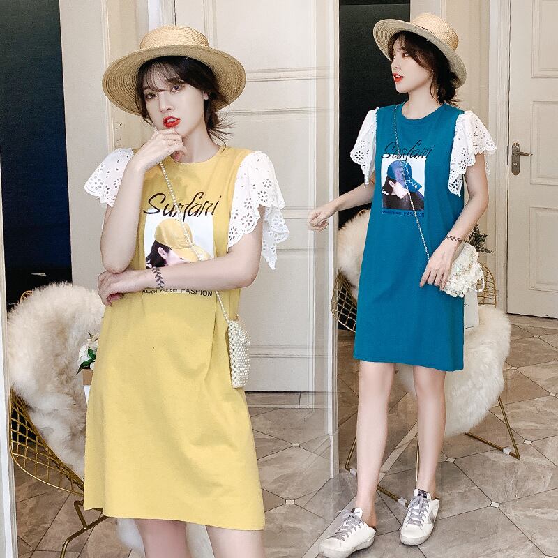 【新作】【送料無料】 新しいファッションレースXiaofeiスリーブミドル丈プリントルーズマタニティドレスのマタニティウェア2019夏バージョン-アリババ サマー 夏物 expec297822931233