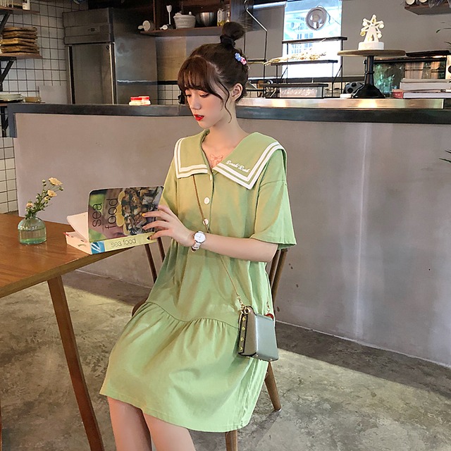 eseカレッジスタイルネイビーカラースカート女性2020新しい夏の気質甘くて年齢を減らすルーズな半袖ドレスのトレンド 萌量不足33565543376