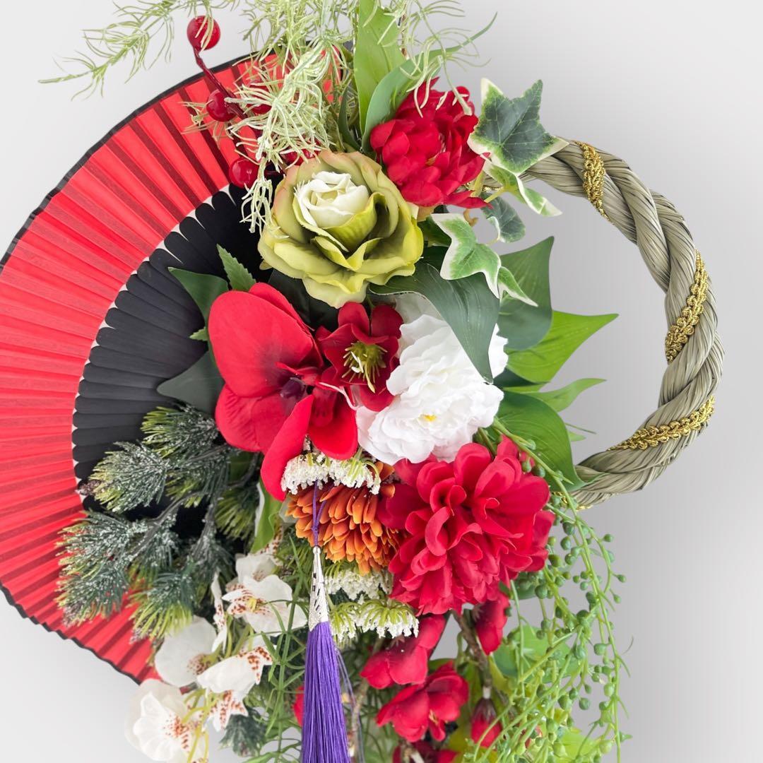 彩り扇のしめ縄リース・縦長シリーズ しめ飾り 正月飾り アート
