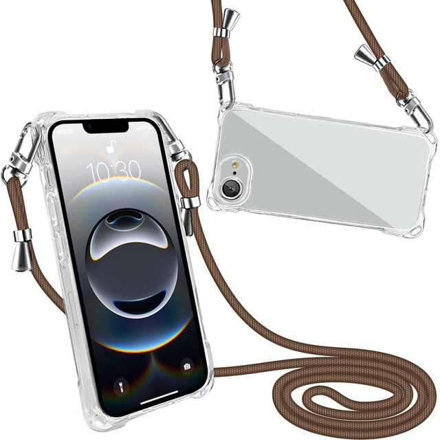 peipeizi For iPhone 17e/16e 用 ケース ショルダー クリア 肩掛け 長さ調整可能 耐衝撃 ブラウン