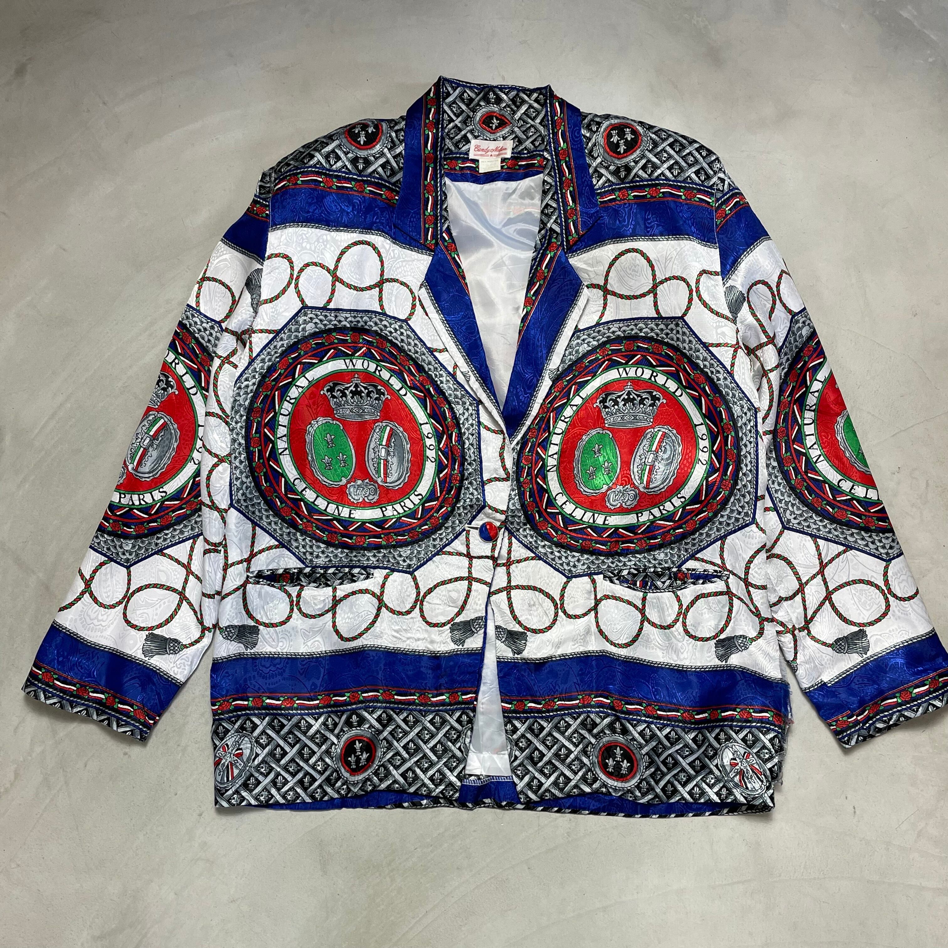 アート柄 総柄 テーラードジャケット レディースL相当 メンズM相当 古着 ヴィンテージ ビンテージ レトロ 肩パッド入り【ブルゾン・ジャケット】