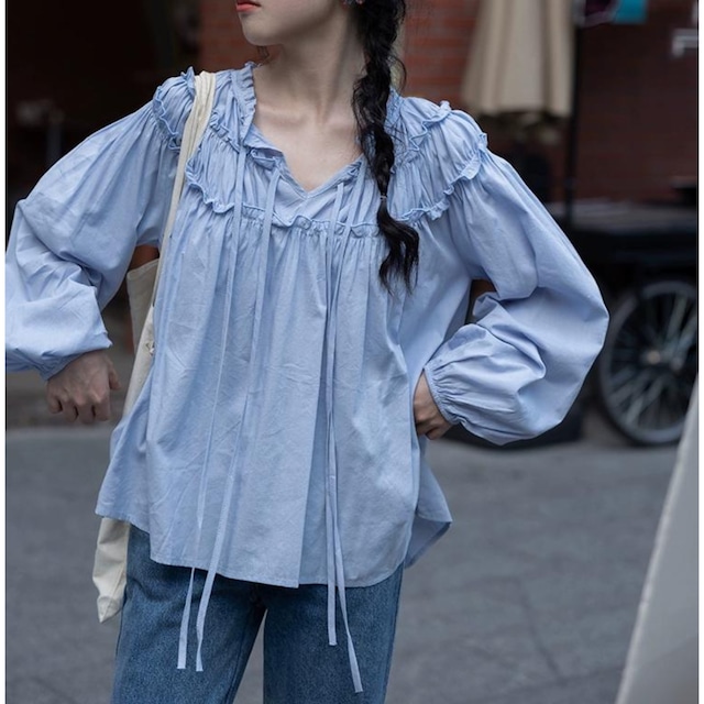 Ruffled design long sleeve shirt <4colors>