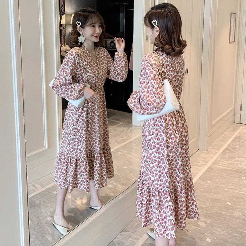 【新作】【送料無料】 マタニティ服看護フローラルミッドロングドレスルーズスタイリッシュドレス妊婦妊娠服授乳ドレス 花柄 AL expec319499597180