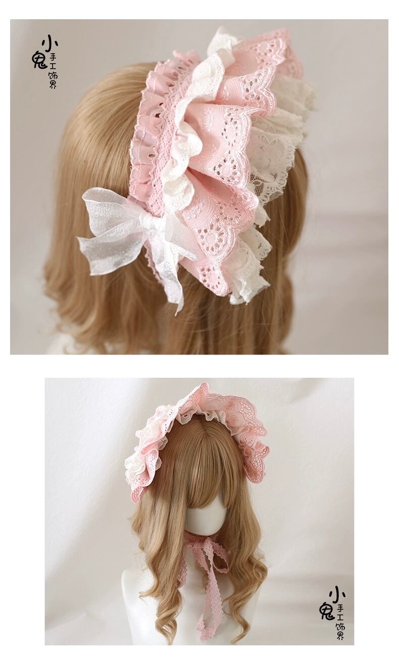 ♡ Lolita ボンネット風 フリルリボンヘッドドレス pink C‬