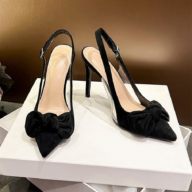 シューズ パンプス 高さ2種 スエード 蝶リボン ブラック 8CM/10CM