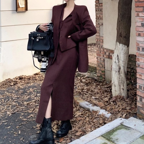 【3点セット】ノーカラージャケット＋ベスト＋スリットスカート ・12662