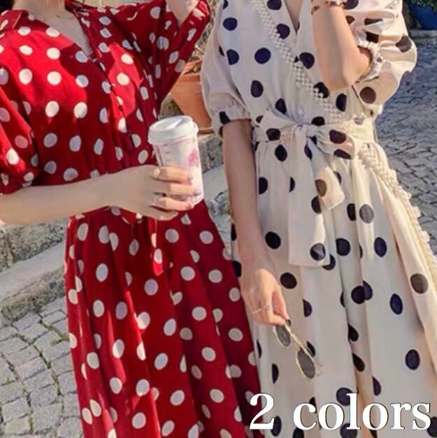 水玉 ドット 柄 シフォン ワンピース レディース 夏 秋 服 ひざした 丈 半袖 韓国 ファッション レトロ ブラウス Op 0457 Hapi Hapi Girl ハピ ガル