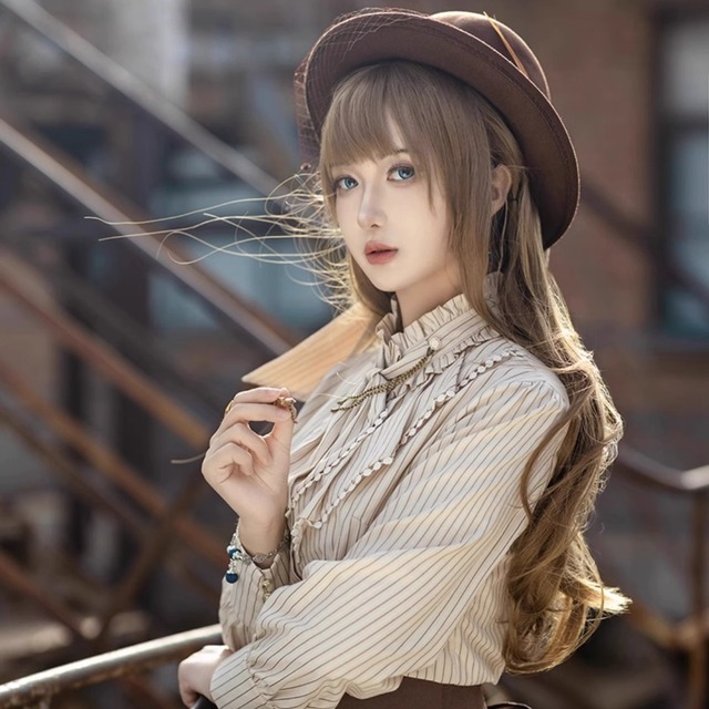 ゴスロリファッション 通販 With U Steampunk ロリパン ス長袖シャツ ストライプ柄 ネックカバー 高見え レトロ クラシカルファッション エレガント きれいめファッション
