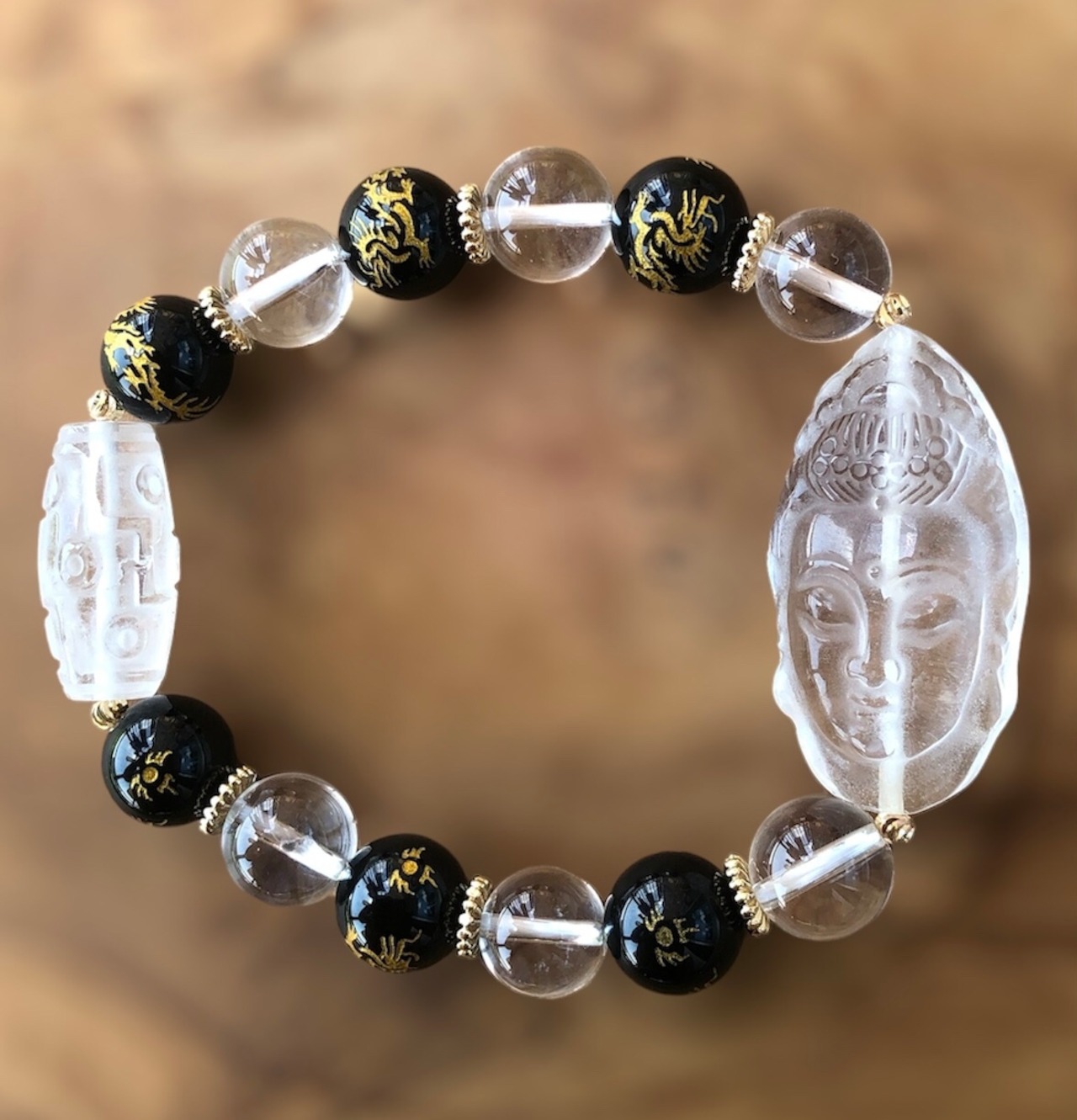 観音様水晶×九眼天珠水晶×龍彫りオブシディアンブレスレット | Stone  