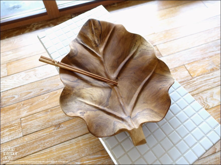 チーク無垢材 大型リーフプレートN10 大皿 盛り皿 菓子鉢 サラダボウル フルーツトレイ 木製食器 小物入れ ナチュラル 天然素材