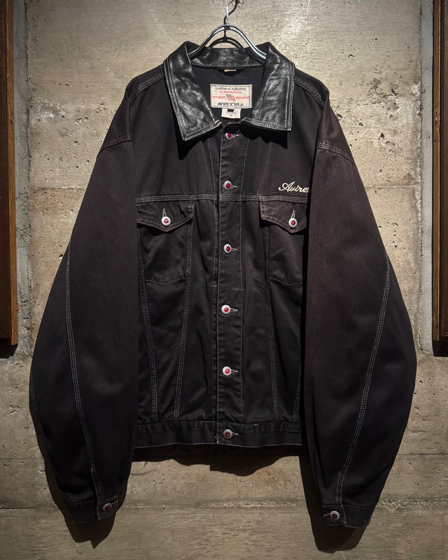 【Caka】“AVIREX” Leather Loose Black Trucker Jacket