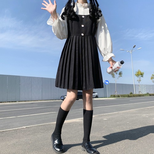 ✞プリーツストラップワンピースドレス or ホワイトブラウス スカート ブラック カーキ 大人女子☆レトロ スウィート 秋冬✞ゴスロリ SM ミリ 甘ロリ クラロリ 和ロリ エレガント 黒ロリ 姫ロリ 華ロリ BB-BB15101776751
