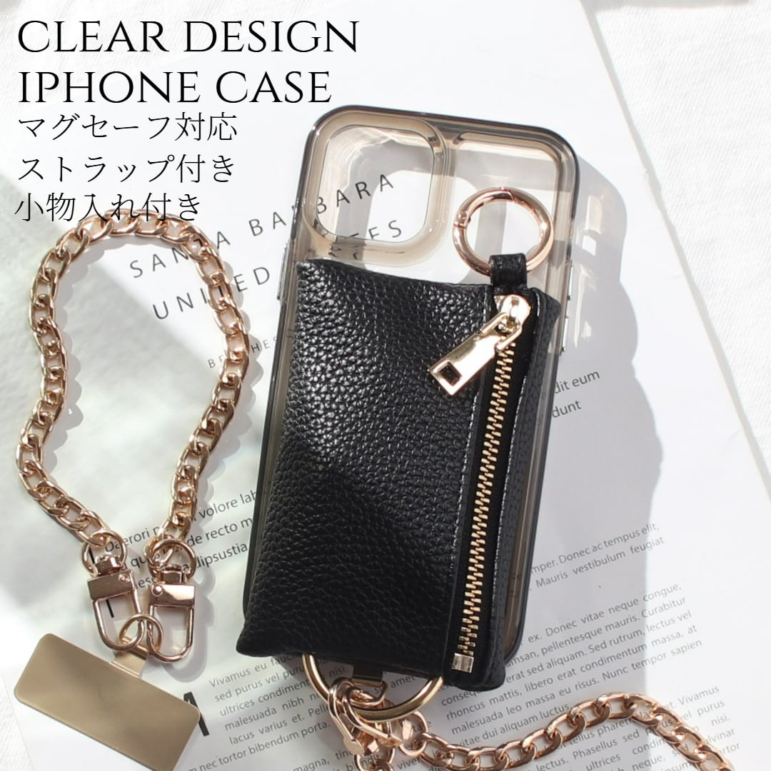 iphone ケース クリア 小銭入れ付き iphone16 iphone15 iphone14 13 12 mini チェーン ストラップ magsafe マグセーフ マグネット アイフォン 16 15 14 SE 11 ショート ストラップ付き 16pro 15pro 14pro 小物入れ 財布 背面収納 カード 13mini se3 se2 大人可愛い 送料無料