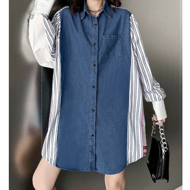 DENIM PATCH WORK OVERSIZED DESIGN SHISRT 2colors M-8537