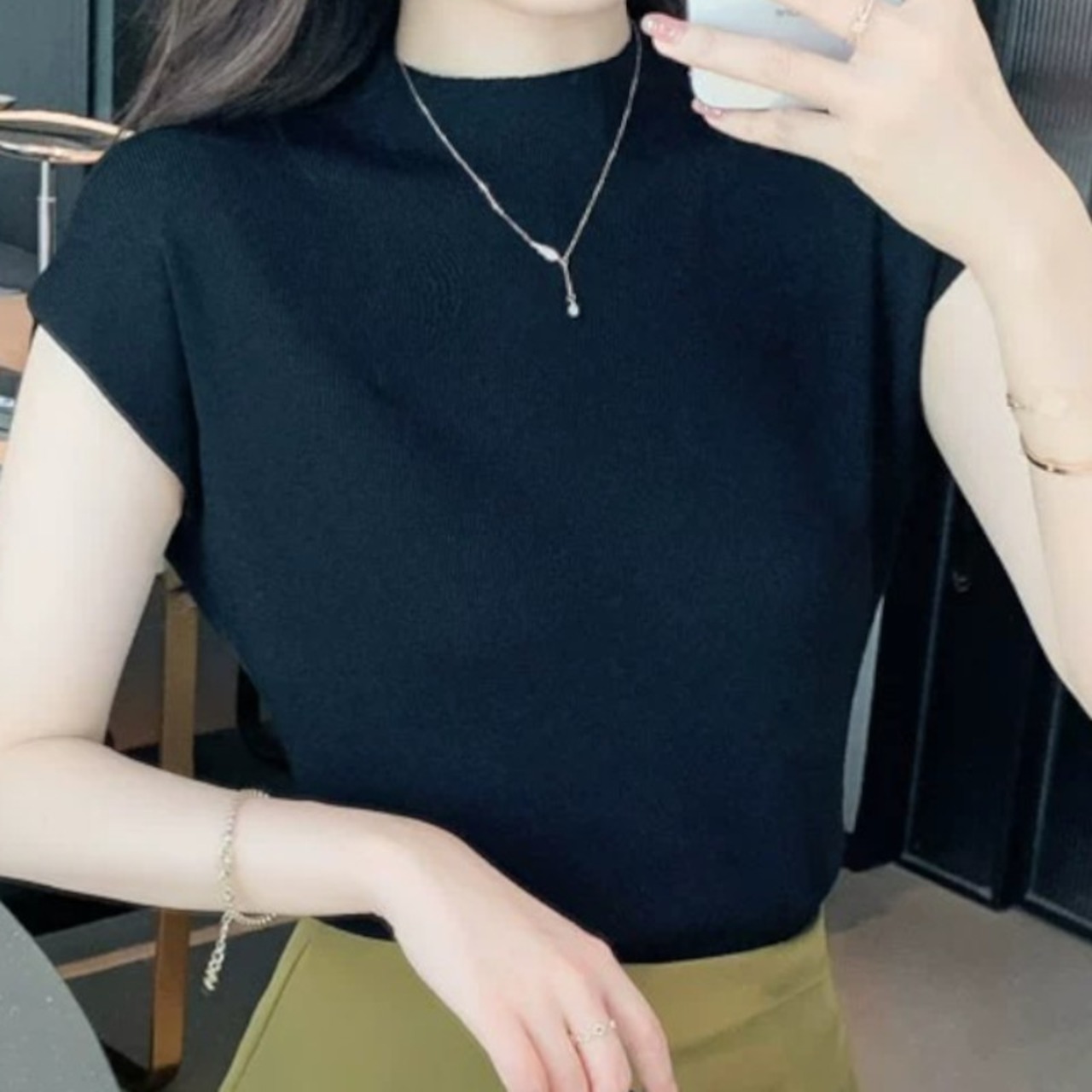 ハーフハイネック半袖ニットトップ A00204