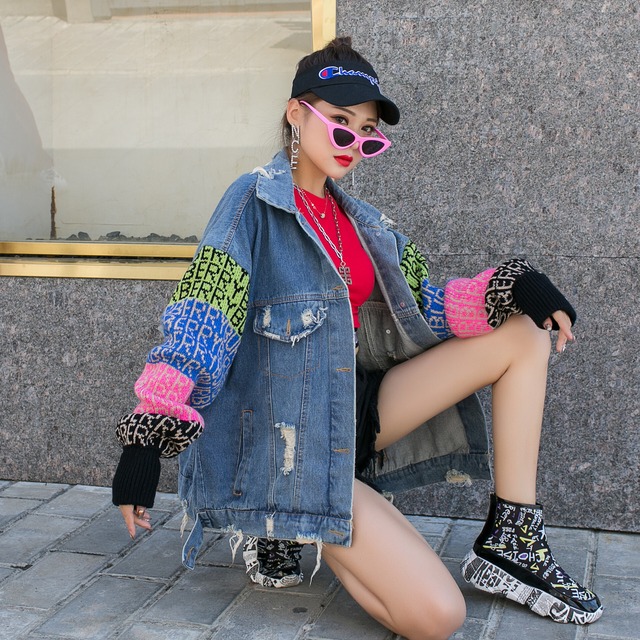 Outer ファッションカートゥーンキャラクターニット袖カジュアルデニムジャケット N 0617 Nanastyle Outer ファッションカートゥーンキャラクターニット袖カジュアルデニムジャケット N 0617 Nanastyle