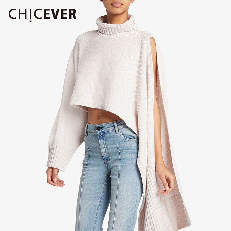 CHICEVERオーバーサイズセーター女性タートルネック長袖中空アウトスプリットニットプルオーバー非対称セーター2020 ロング 6base522612897739