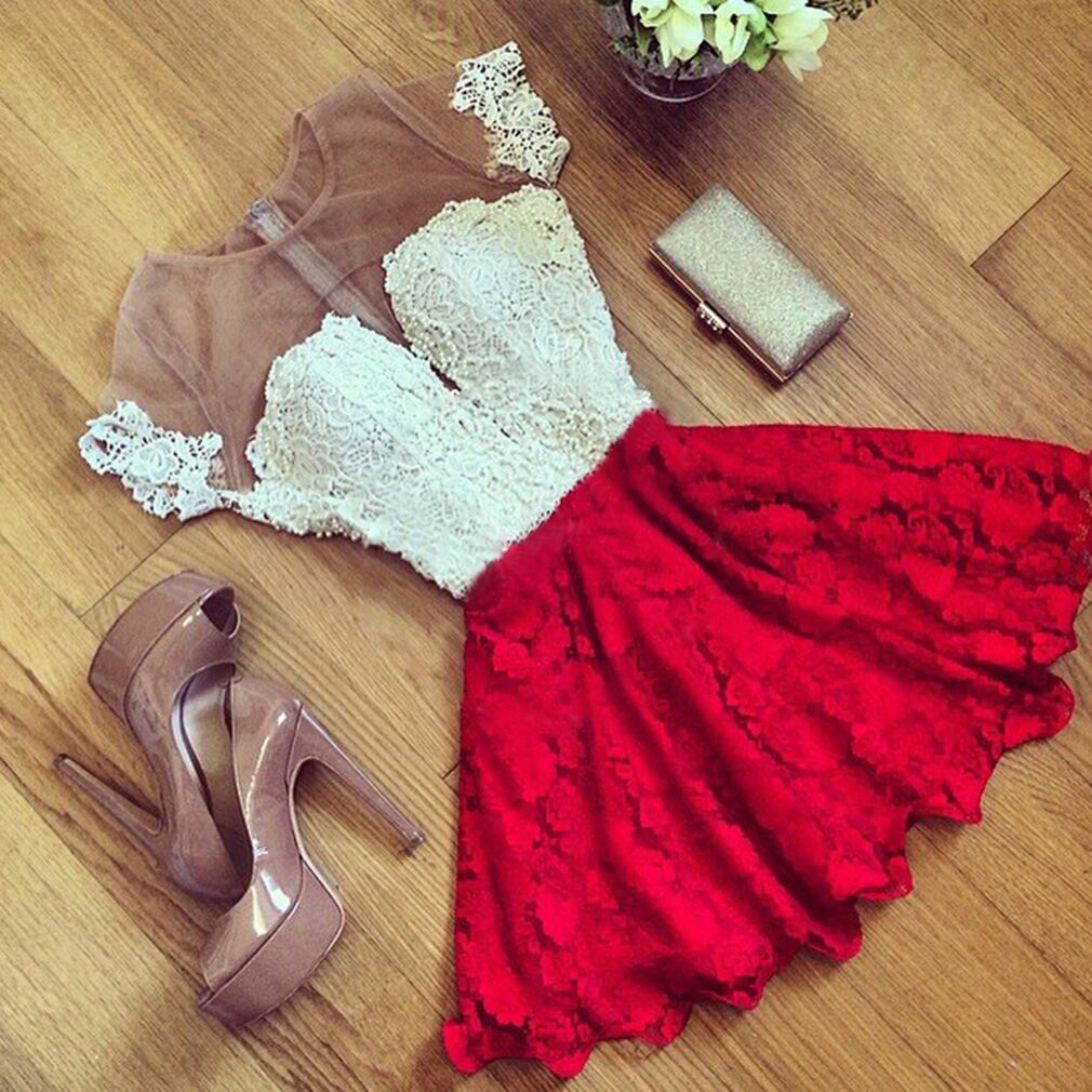 シースルー レース オフショル風 ドレス ワンピース 白x 赤 ホワイト x レッド