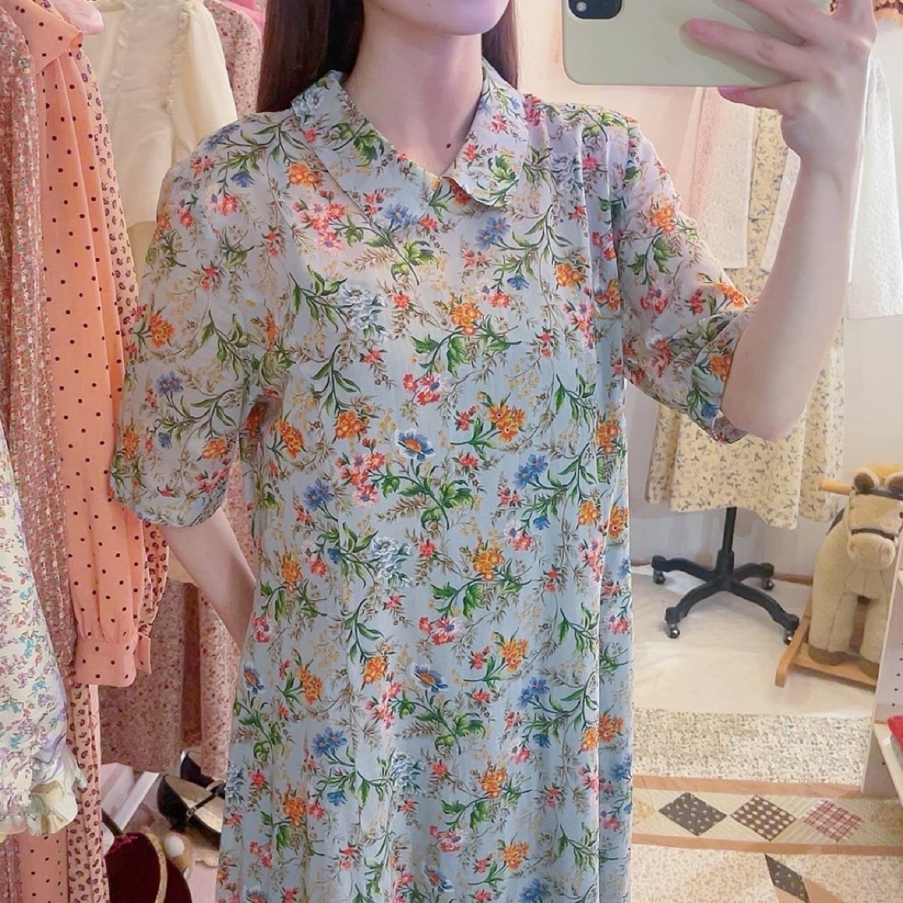 botanical flower light blue one-piece