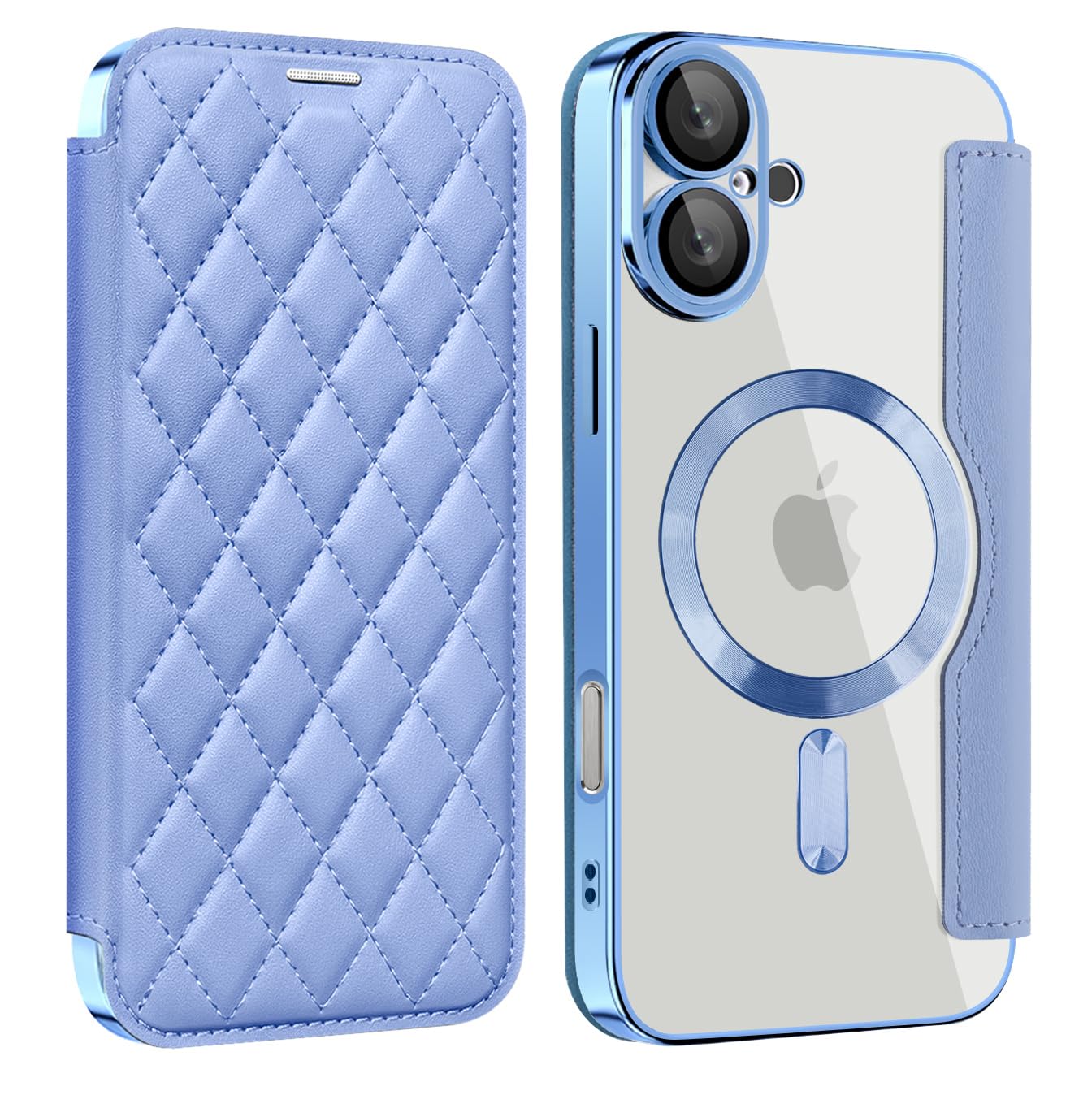 MuZiF iPhone 17 用 ケース 手帳型 Magsafe対応 クリア 背面 透明 キルティング 高級なPUレザー スマホケース カード収納 おしゃれ 韓国 人気財布型 カバー 軽量 アイフォン17 用 手帳カバー (iPhone17用,ブルー)