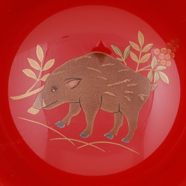 17-1 輪島塗 ぐい吞み ／朱塗／干支 亥蒔絵