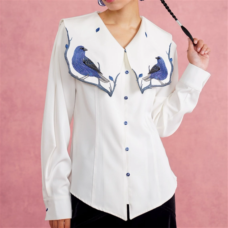 【Camoooni】青鳥刺繍ビックカラーブラウス 10825