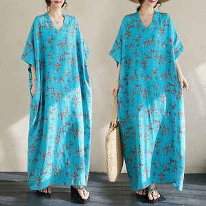V-NECK FLORAL LINEN BLEND LONG DRESS M-17405