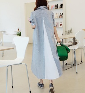 【送料無料】シャツワンピ―ス 春 ロング 長袖 大きいサイズ ストライプ 体型カバー ゆったり 大人 きれいめ カジュアル ベーシック シンプル 30代 40代 ブルー OP-040R