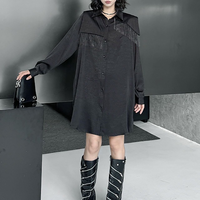 Fringe decor A-line shiruetto long shirt dress C1033