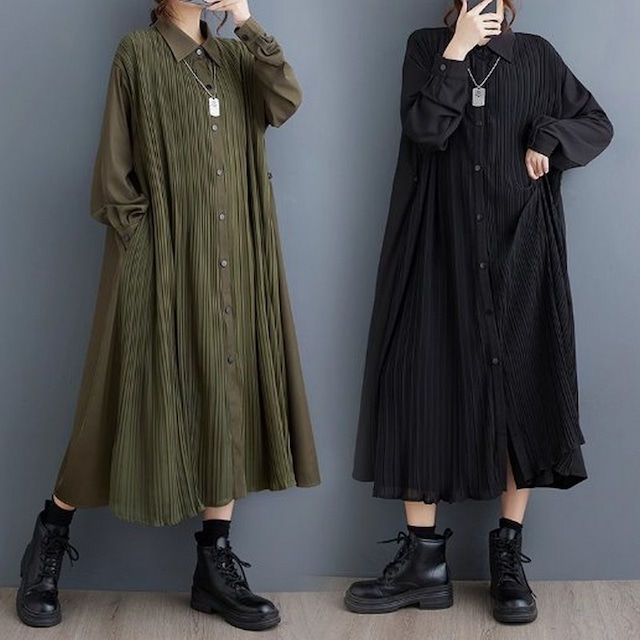 プリーツ切替ロングシャツワンピース（２色）10803