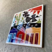 ボルジェス木版画 BACARO BORGES タイル『昼の鳥と夜の家』