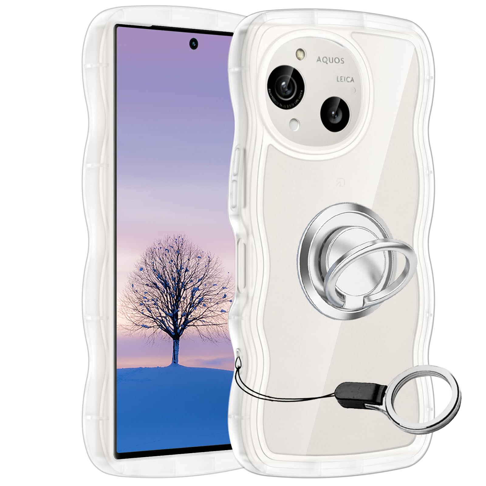 AQUOS R10 R9 ケース クリア ウェーブ リング付き SH-51F SH-51E SH-M31 SH-M28 TPU波状のバンパー 透明 スマホケース かわいい うねうね アクオス アール10 アール9 ウェーブ デザイン 可愛い 韓国 女性用 薄型 人気 おしゃれ 耐衝撃 ストラップホール付き(クリア)