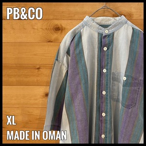 【PB&CO】太ストライプ ノーカラー 半袖シャツ XL オーバーサイズ マルチカラー くすみカラー US古着