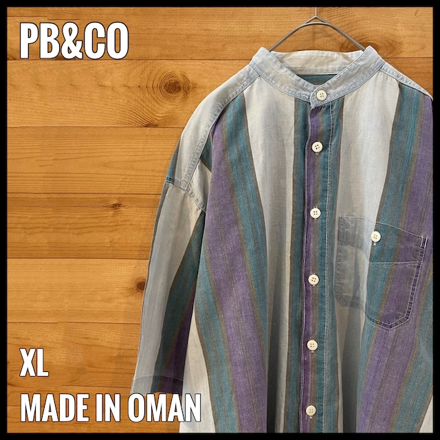 【PB&CO】太ストライプ ノーカラー 半袖シャツ XL オーバーサイズ マルチカラー くすみカラー US古着