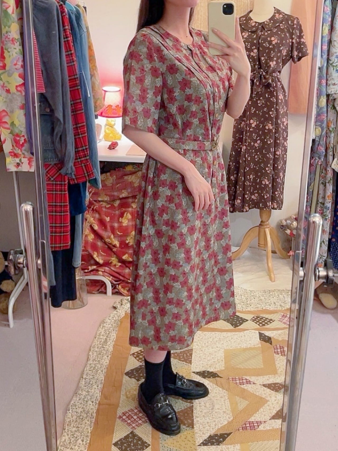 dark red leaf belt one-piece