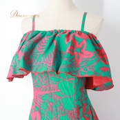 フラダンス 衣装 ワンピース ドレス グリーン系 マーメイドライン エムエムジェイ ハワイアンプリント アロハ MermaidLine MMJ フラ ダンス レッスン 練習 レッド系 緑 赤 フリル 着回し フレア キャミソールドレス オフショル 華やか 鮮やか かわいい おしゃれ 上品 おしゃれドレス リバーシブル フリル付き マーメイドライン グリーンレッド