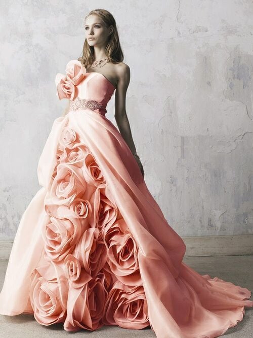 高品質！ カラードレス ピンク バラの花 ベアトップ 花嫁挙式 前撮り