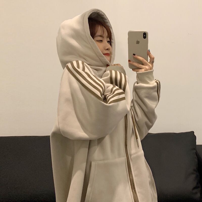 カラーベルベットフードセーター コート スプリングオータムルーズトップス ロング ストリート 春物 秋物 試着室80748570507