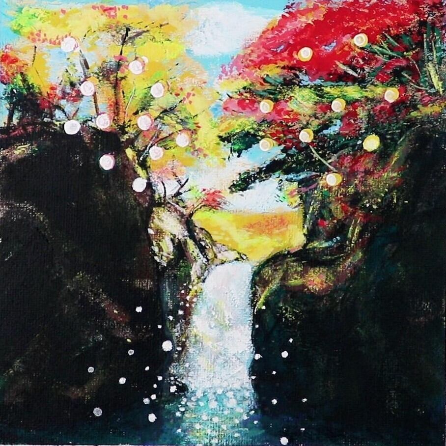 紅葉と滝／アクリル画 キャンバス 原画 | Michio Art Shop