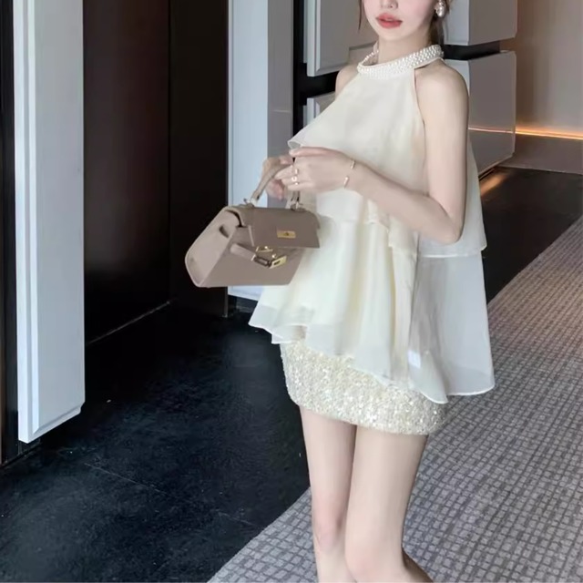 パールネック フリルタンクトップ 2color T139