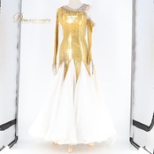 社交ダンス 衣装 クリスアン CHRISANNE イングランド製 スタンダードドレス ワンピース ドレス ホワイト系 ゴールド系 白 金 デモ 競技 ダンス パーティ 発表会 レース フロート レディース ゴージャス 大人かわいい エレガント