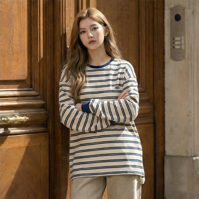 Y-4807　2026春新作♡PASCALラベル付きボーダー柄長袖Tシャツ　アイボリー　0206